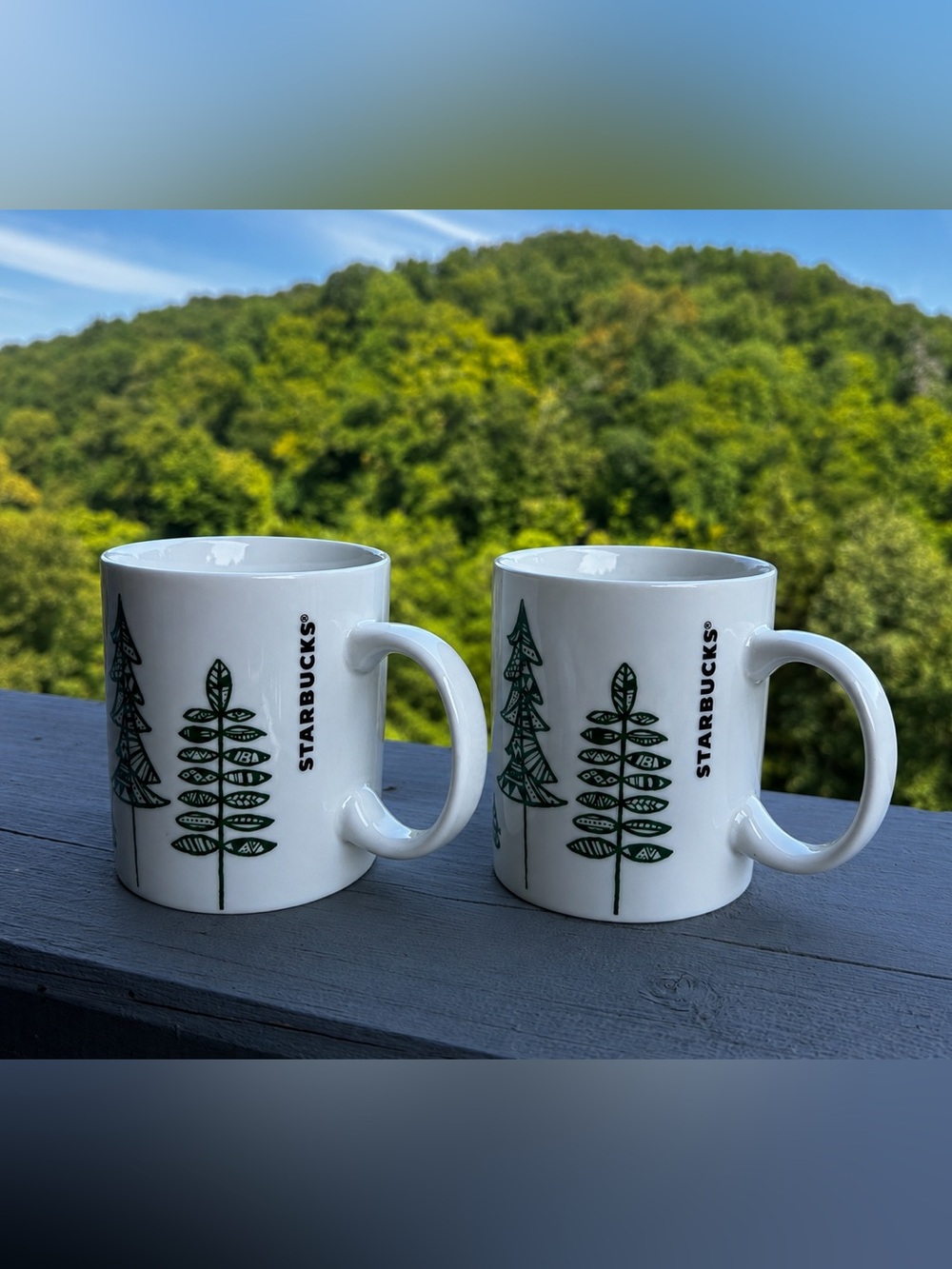 Starbucks Set of 2 White Green Tree Coffee Mugs 12 oz Holiday Ceramic Cups